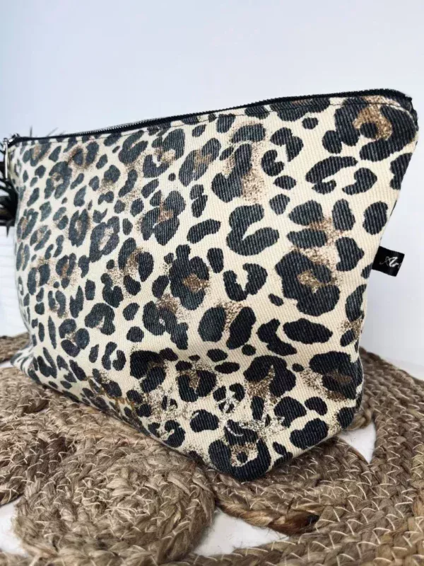 Grande pochette / sac à main léopard avec son printage "Enjoy the ride" en doré pailleté
