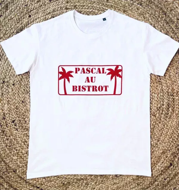 Tee-shirt homme "Pascal au bistrot". Tee-shit Blanc et rouge, spécial Férias.